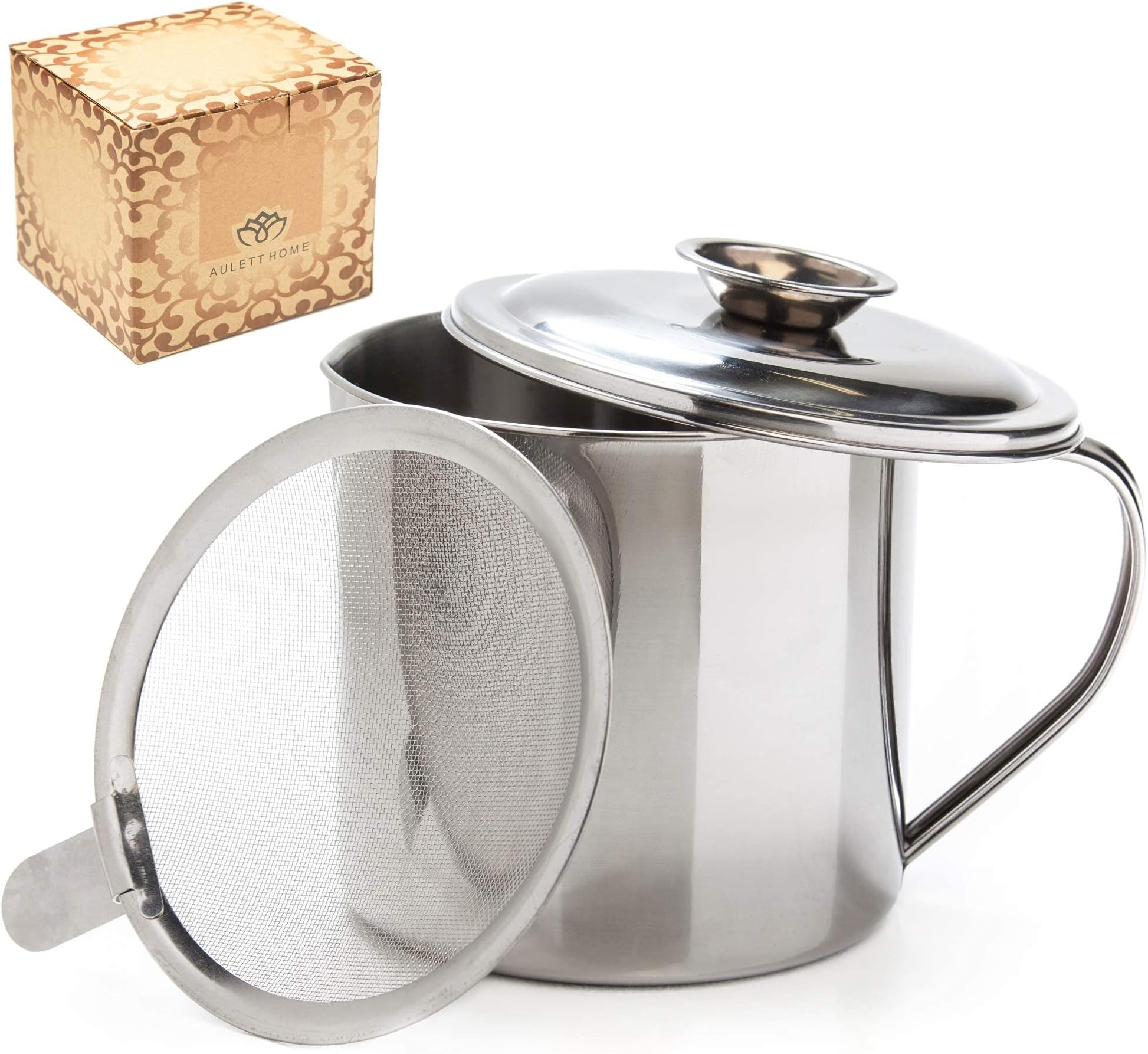 Aulett Home Bacon Grease Container With Strainer - Best For Storing Grease, Cooking Oil and Drippings To Add Flavor Later - 1.25 Quart Or 5 Cups Stainless Steel Grease Keeper