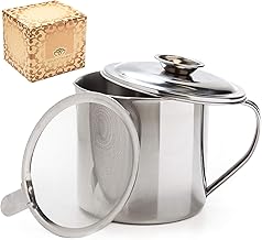 Aulett Home Bacon Grease Container with Strainer - Best for Storing Fats for Keto and Paleo, Cooking Oil and Drippings - 1.25 Quart Or 5 Cups Stainless Steel Grease Keeper