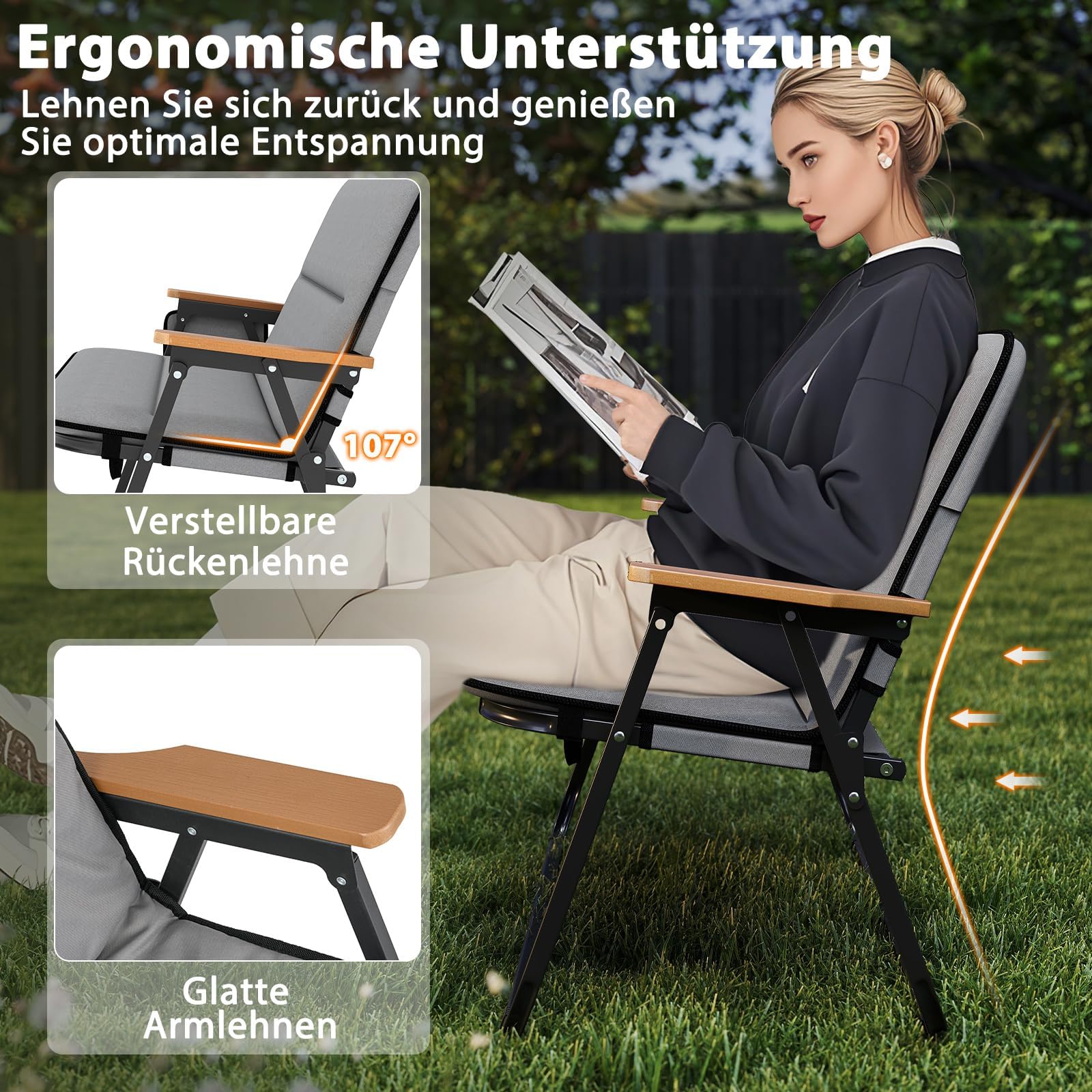 FANTASK Silla de Camping para 2 Personas, Silla Plegable con cojín extraíble, Bolsillo Lateral y reposabrazos, Capacidad de Carga de 300 kg, sofá de Camping Plegable, Color Gris