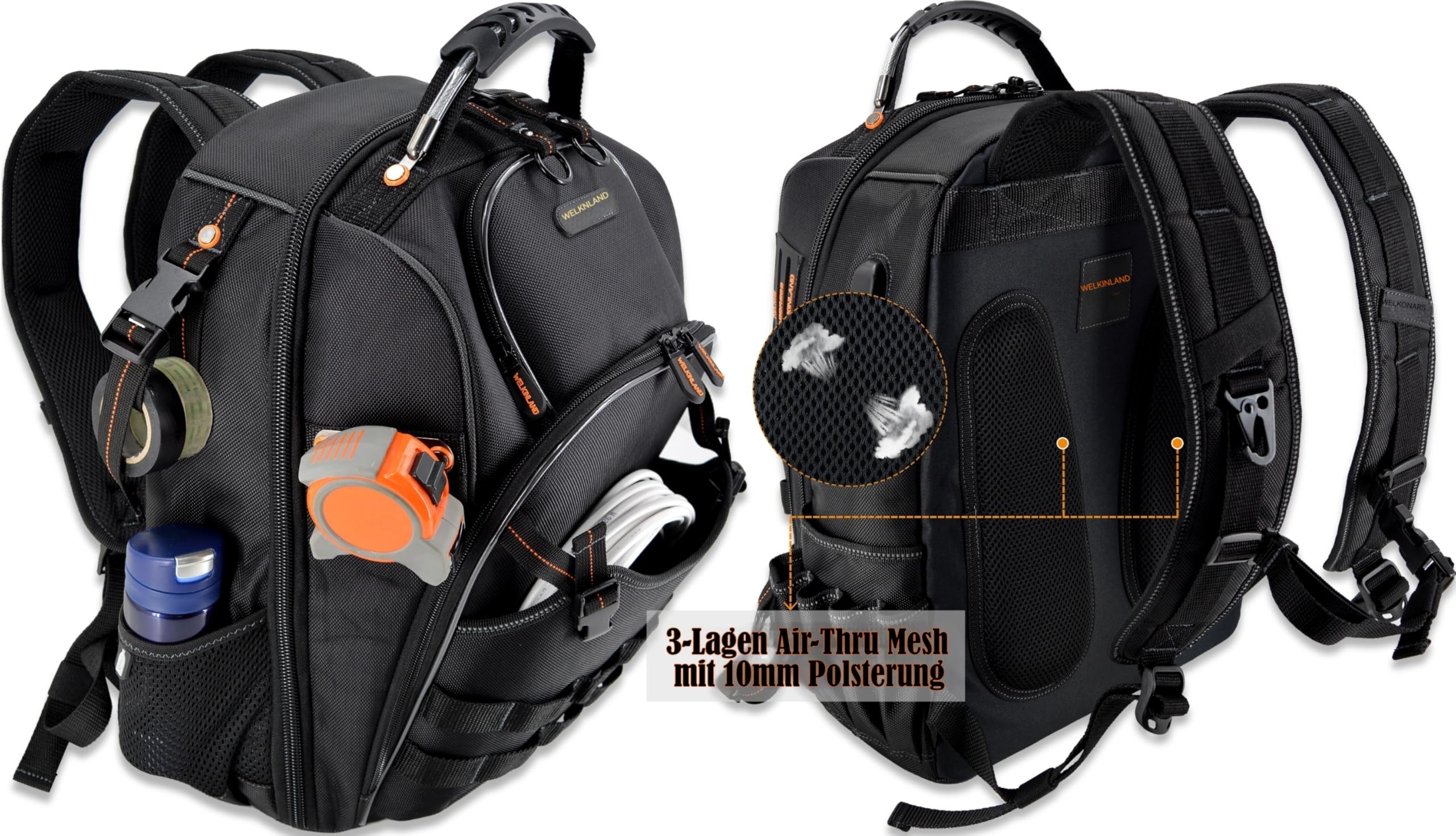 WELKINLAND Rucksack Mit 66 Taschen - Robuster Werkzeugrucksack für Elektriker, Baustellen und Herren