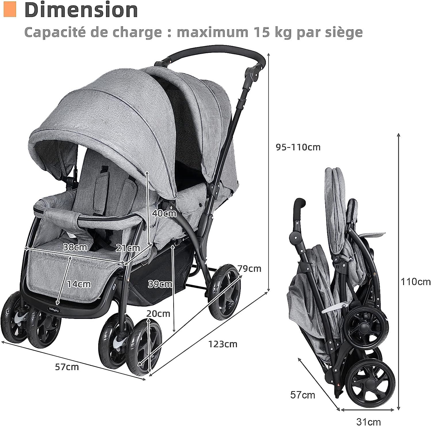 RELAX4LIFE Poussette Double pour Jumeaux Pliable 0 à 36 Mois | Poussette Canne de Bébé avec Capote, Charge Max 15 kg, Guidon et Repose-pied Réglables, Dossiers Inclinables