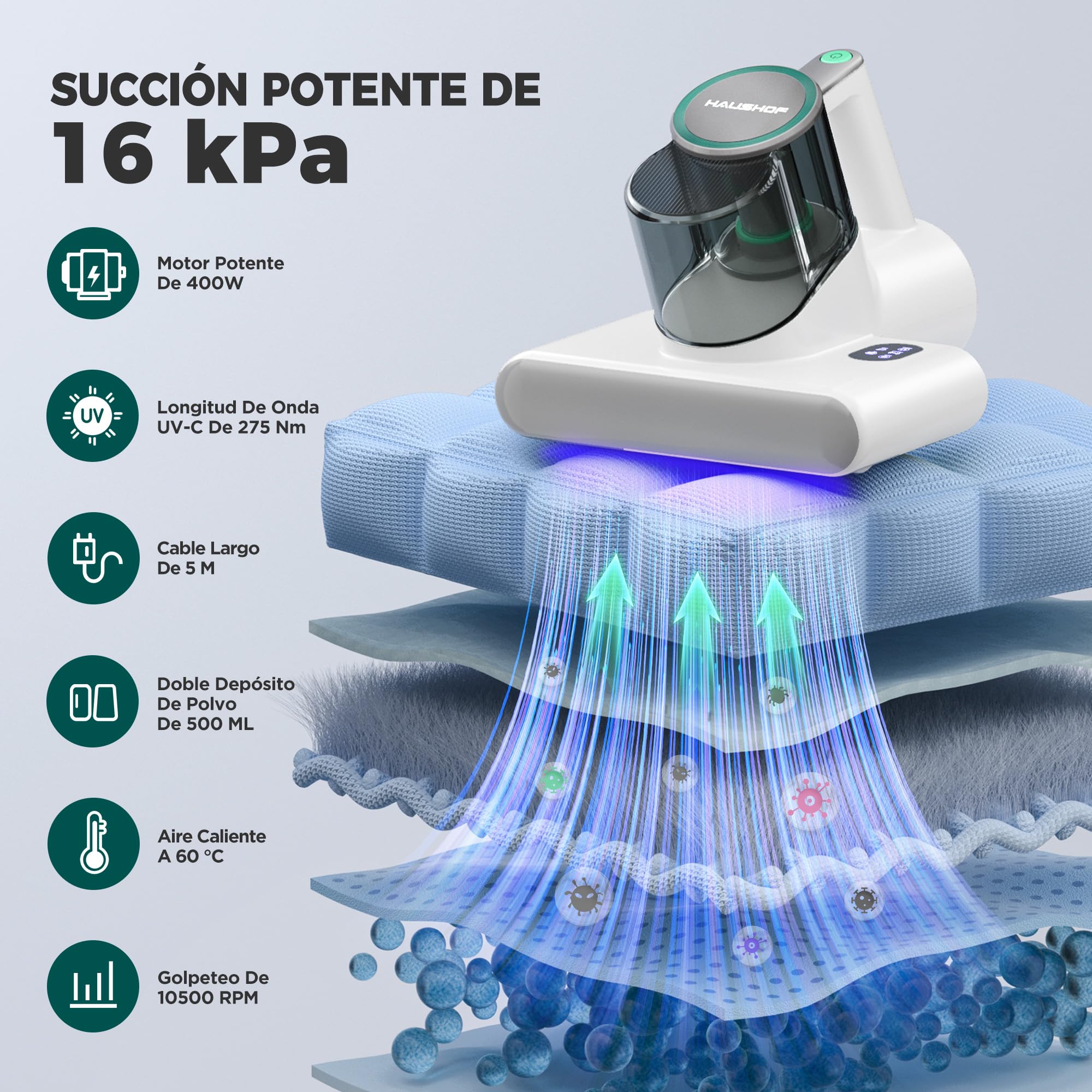HAUSHOF Aspirador Antiácaros para Colchones 400 W, 10500 RPM con Luz UV-C 275 nm, Aire Caliente 60 ℃, Pantalla LED y Depósitos Dobles, Ideal para Camas, Sofás y Alfombras