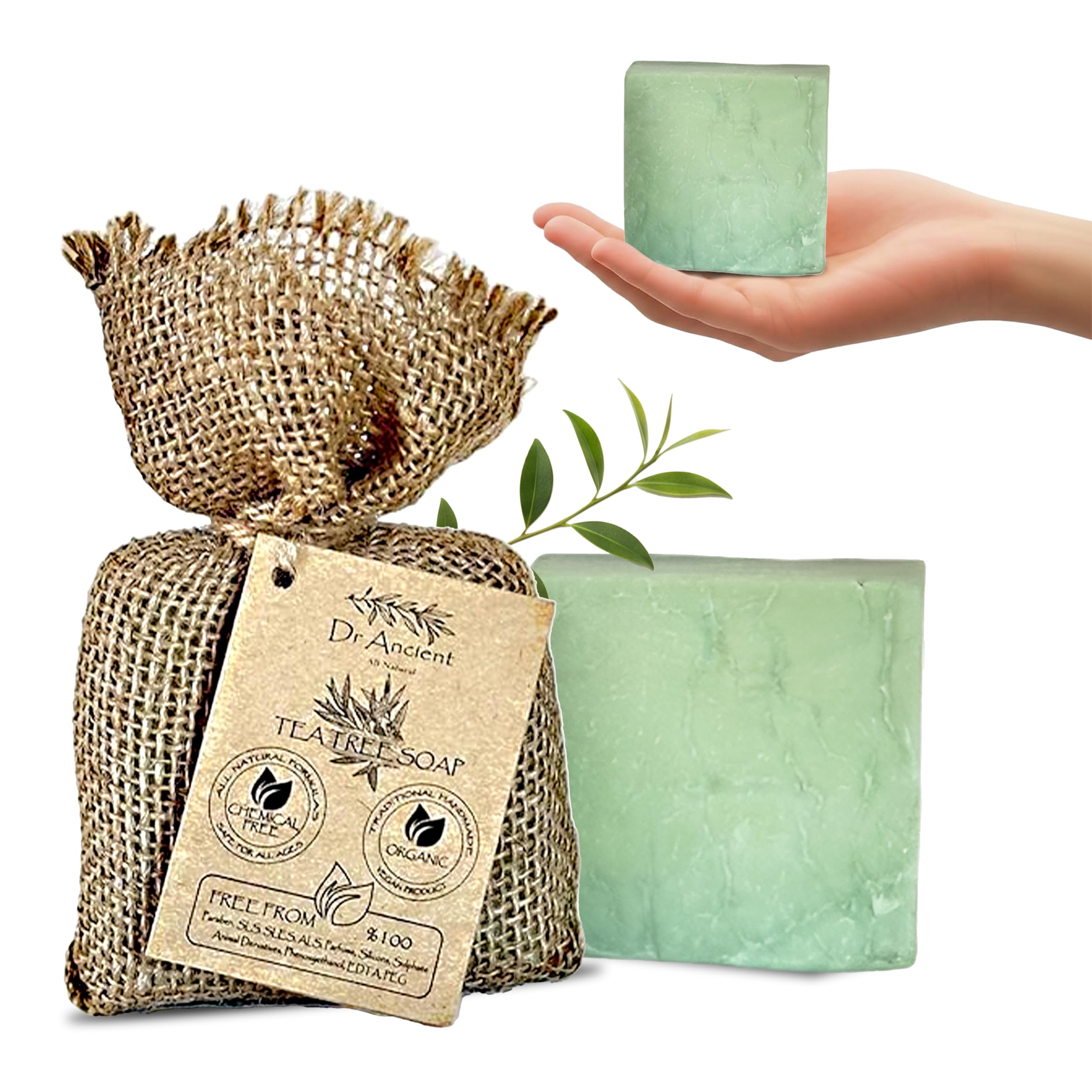 Dr.Ancient Tea Tree Soap Bar, Organic Soap Bars Handcrafted the Traditional Way, Natural Chemical-Free, Vegan, Used for Face and Body, Deep Cleansing, and Nourishing Daily Skin