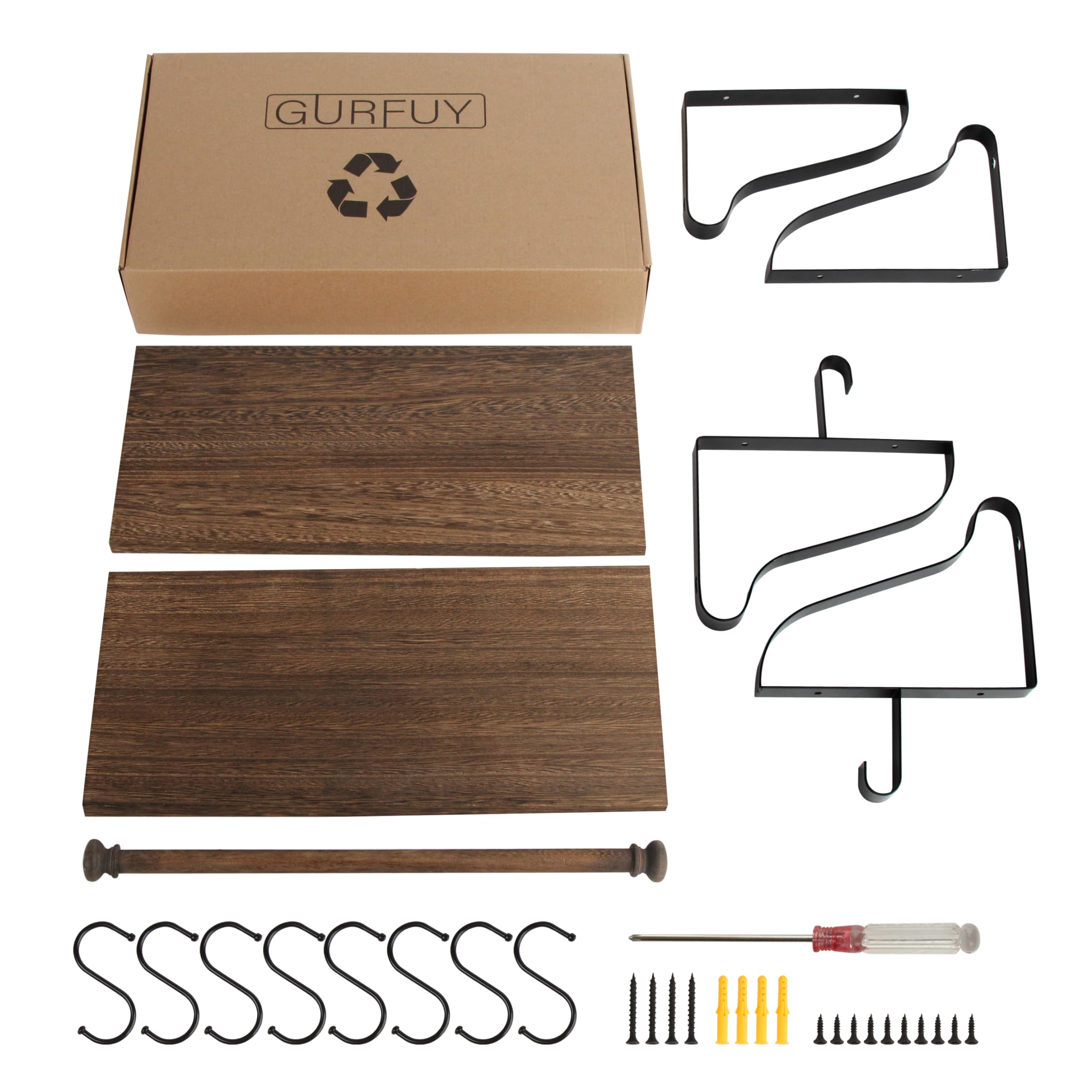 Gurfury Wooden Hanging Pot Rack with 8 hooks - Farmhouse Style Wall Mount Multifunctional Cookware Organizer Rack Kitchen Storage for Pans Utensils (Brown)