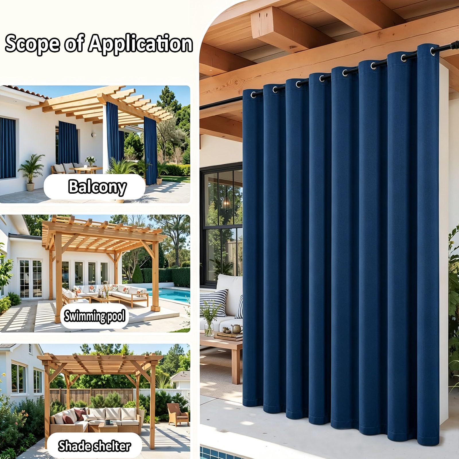 Zasłony Zewnętrzne 50 x 260 cm Niestandardowy Rozmiar, Wodoodporna, Markiza Przeciwsłoneczna, Zasłona Tarasowa, Ekran Prywatności Zasłony Na Taras Do Patio I Altany, Granatowy