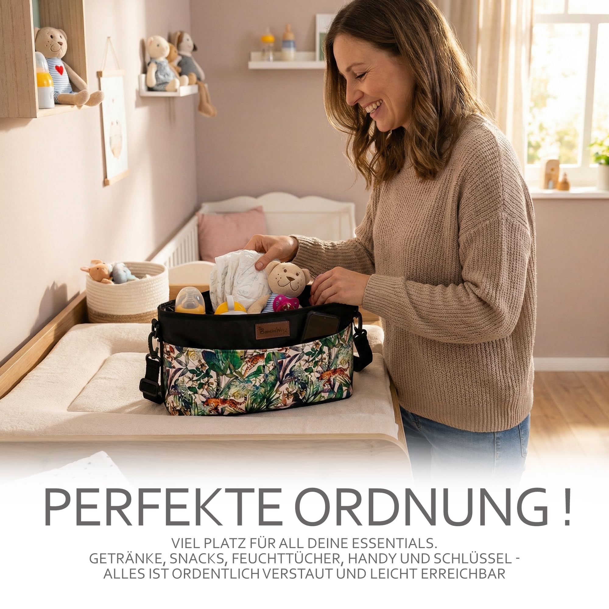 BambiniWelt Kinderwagen Organizer – Wickeltasche mit Getränkehalter & Reißverschluss, kompakte Buggy Tasche aus wasserabweisendem Mikrofaserstoff, leicht, stylisch & praktisch, Muster: Modell 8