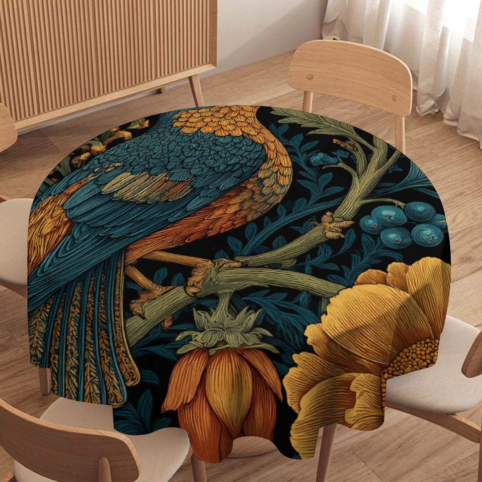 LUYYSKY Beautiful Realistic Animal Bird Round Tablecloth Rustic Abstract William Morris Botanical Flowers Washable Decor for Table Cover for Kitchen-127 Wx127 L cm