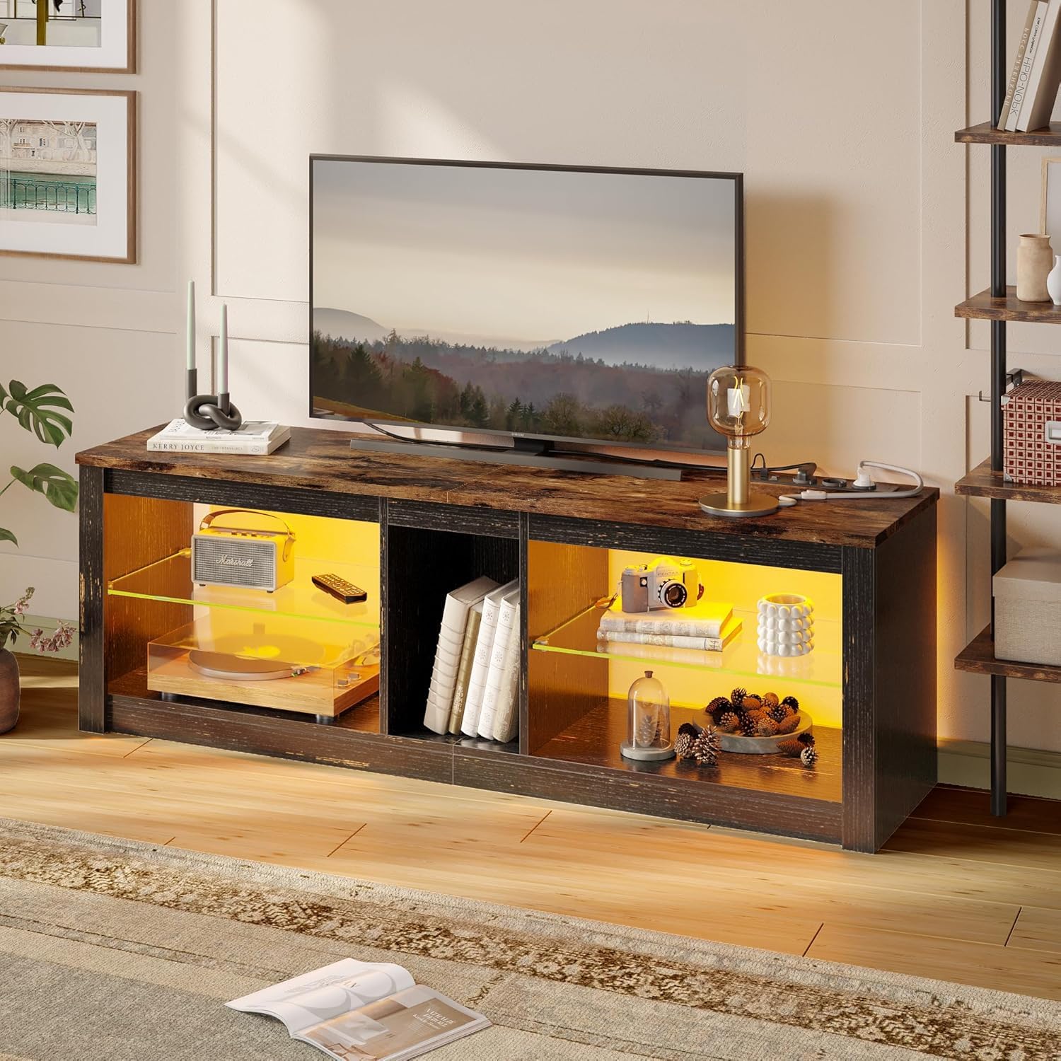 Bestier Moderno Mueble para TV de 140 cm, para TV con Estante de Cristal, Iluminación LED RGB para Televisores de 65 Pulgadas, para TV con Luces Ambientales para Sala de Estar y Dormitorio