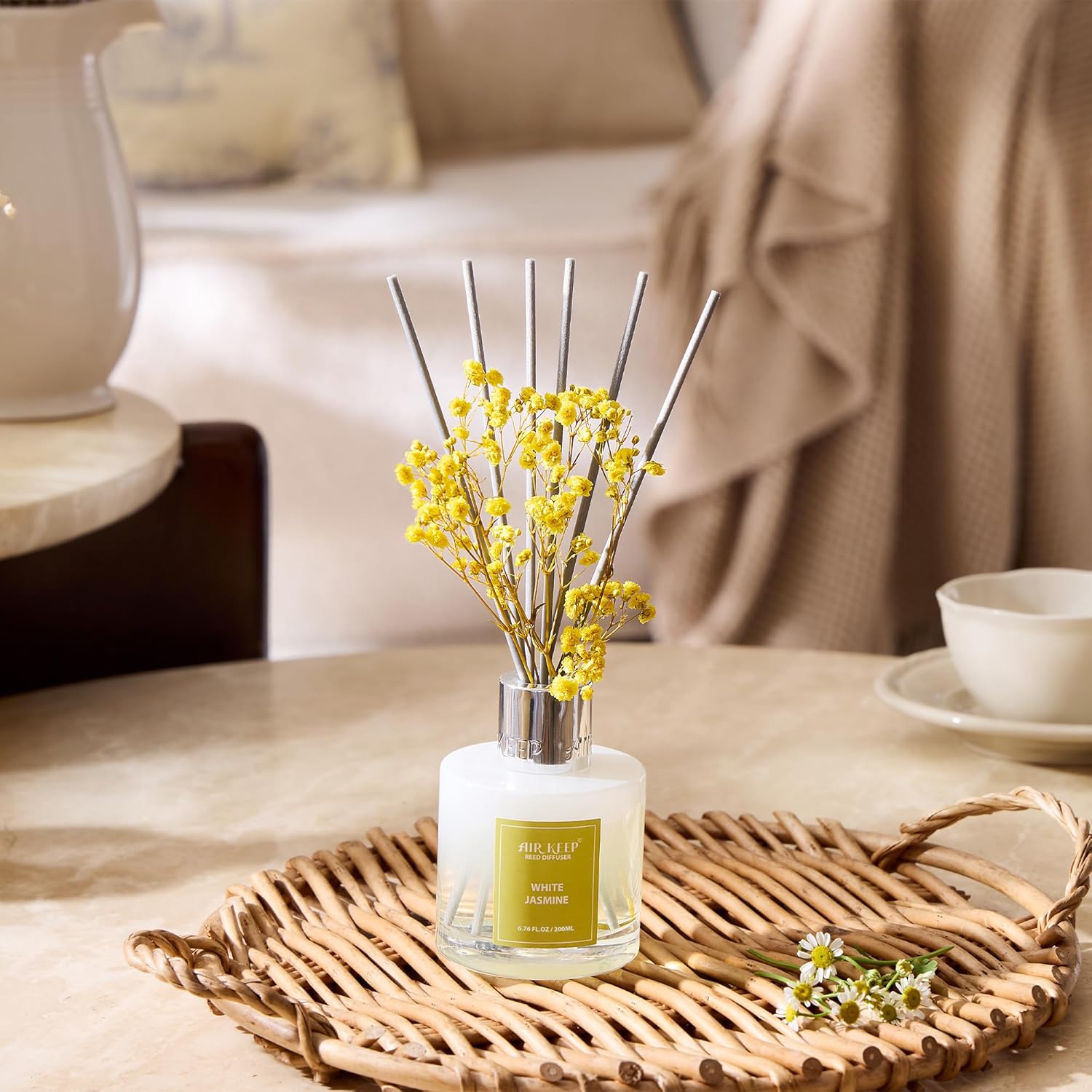 Airkeep Reed Diffuser Set,6.76 fl oz (200 ml) - White Jasmine Oil Diffusers with 8 Reed Sticks, Home Fragrance Reed Diffuser for Bathroom Shelf Decor - Image 2