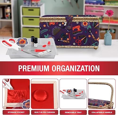 Miniatura 2 de SINGER Cesta de coser con kit de costura, agujas, hilo, tijeras y nociones, color blanco