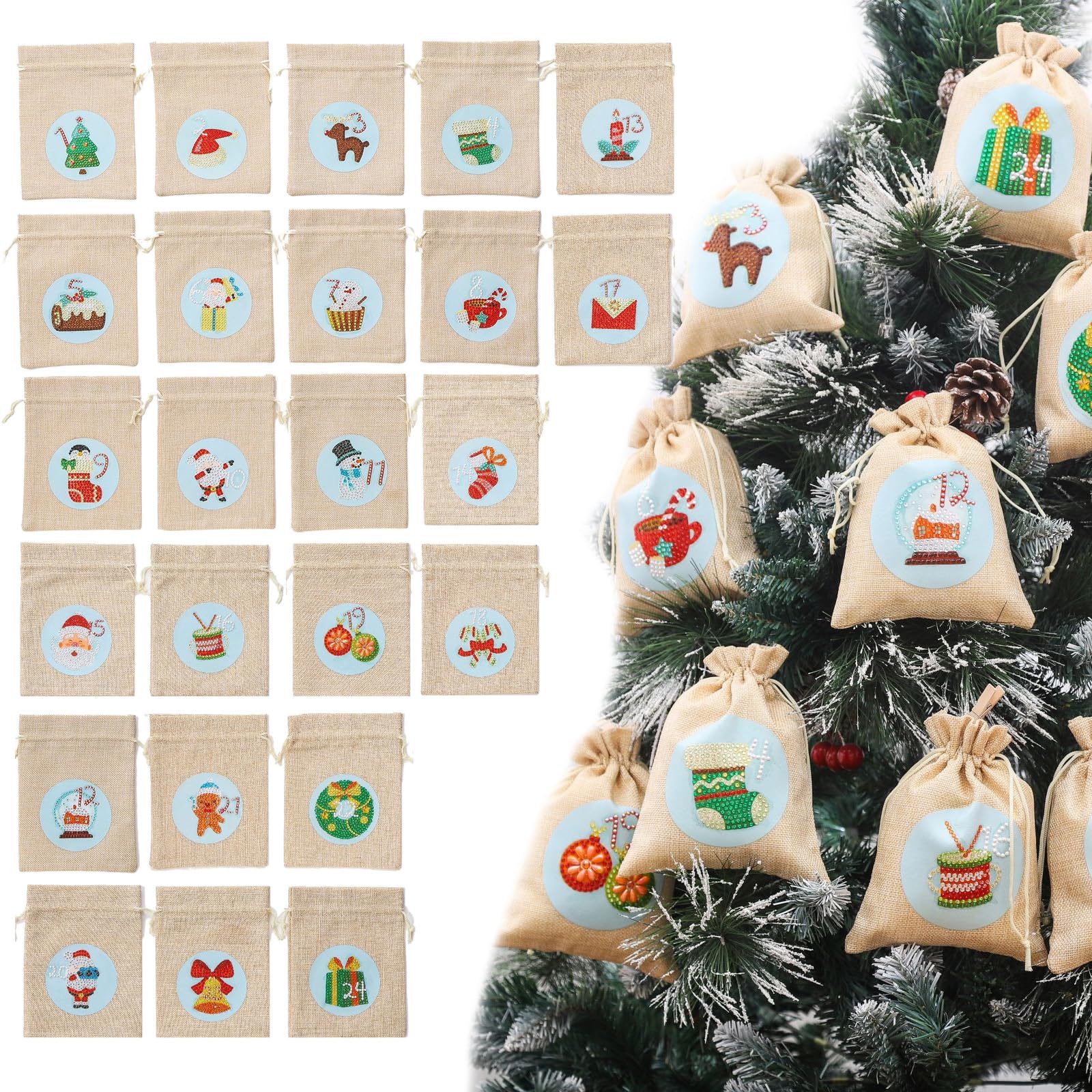 24 Adventskalender Tüten zum Befüllen Jutesäckchen, 24 Jutesäckchen Adventskalender zum Befüllen Stoff, Weihnachtssüßigkeitsbeutel, Geschenkbeutel 15x20 cm-Weihnachts-Süßigkeitentüte