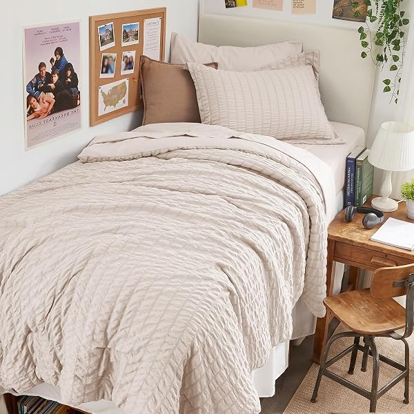 Twin XL Comforter Set - 5PCS Seersucker Bed in a Bag, Bedding Set Beige