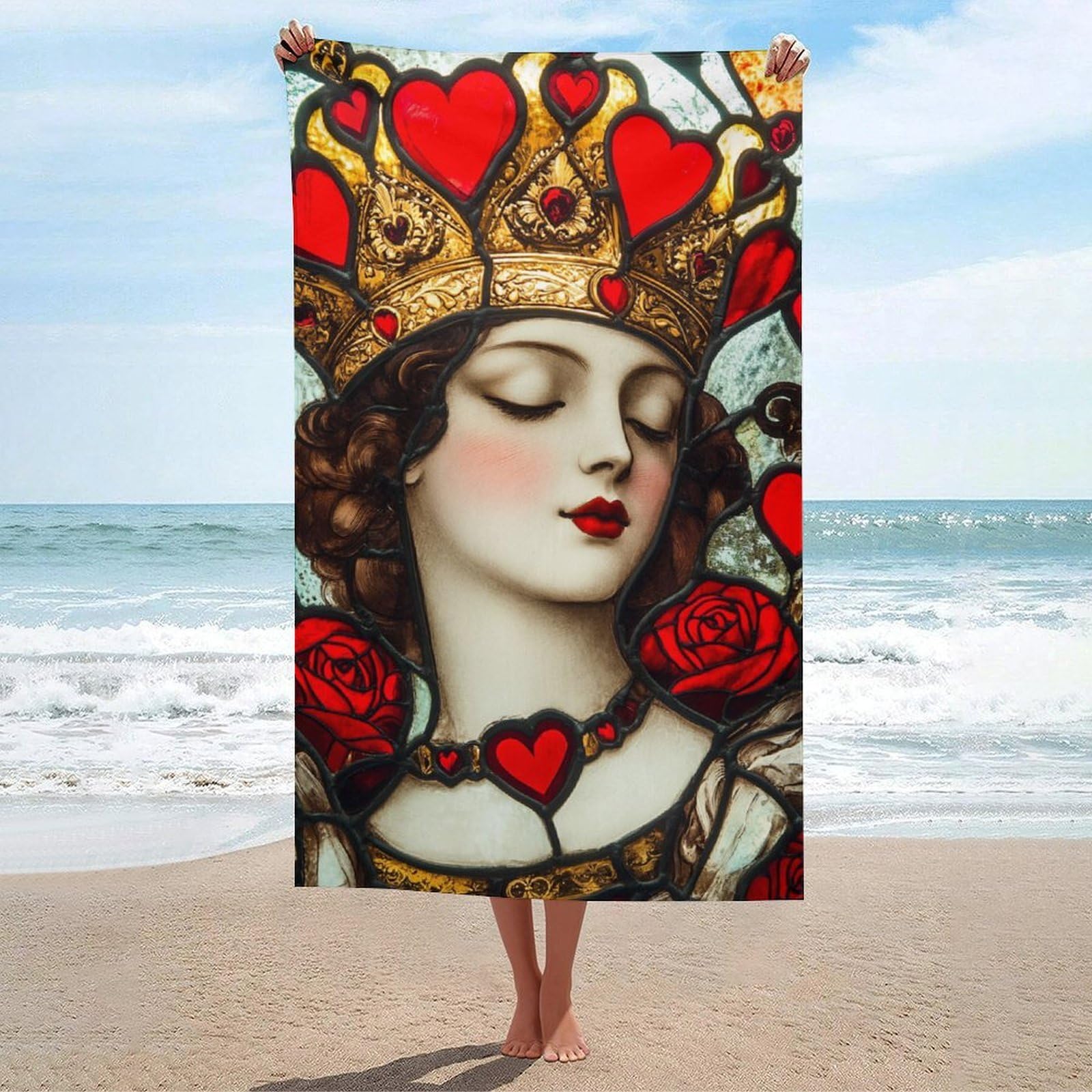 sinyumoney Stained Glass Queen of Hearts GSM Washable Towels Super Soft Absorbent Beach Towel for Spa Gym Hotel & Everyday Bathroom 130cm*80cm
