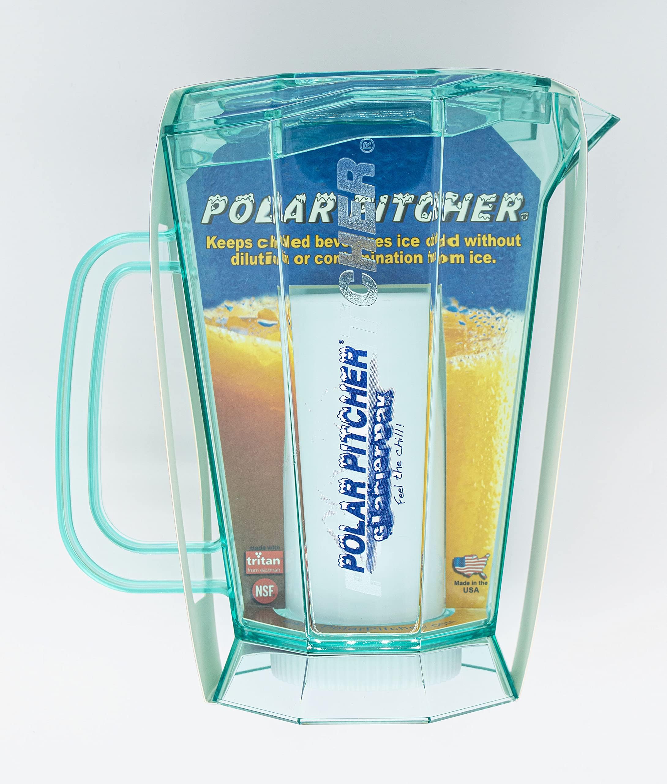 1.5 litre jug with integrated cooling cylinter for filling ice cubes or in the freezer.