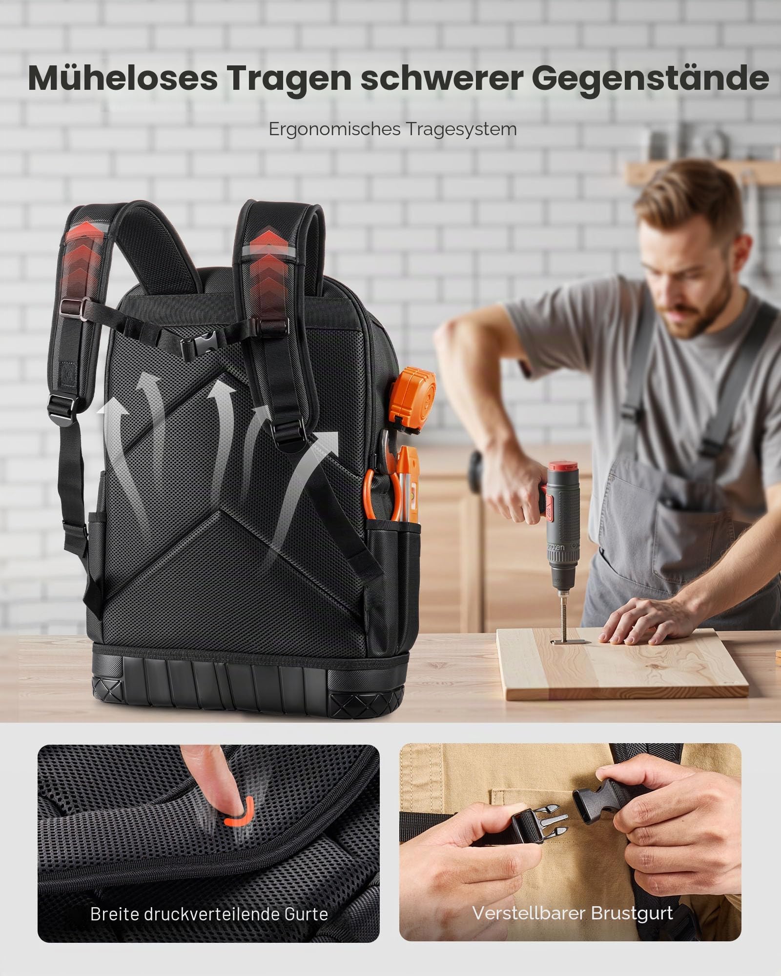 VEVOR Werkzeugrucksack, 65 Taschen, Werkzeug-Aufbewahrungs-Organizer, Backpack mit Laptopfach & geformtem Boden, Baustellenrucksack für Elektriker, Reparaturarbeiter & Heizungstechniker