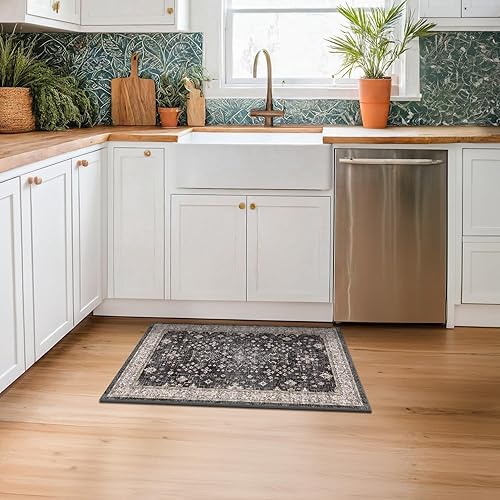 Miniatura 3 de Alfombra pequeña para entrada, cocina o baño, antideslizante con base de goma, resistente a las manchas y a la decoloración, diseño floral color