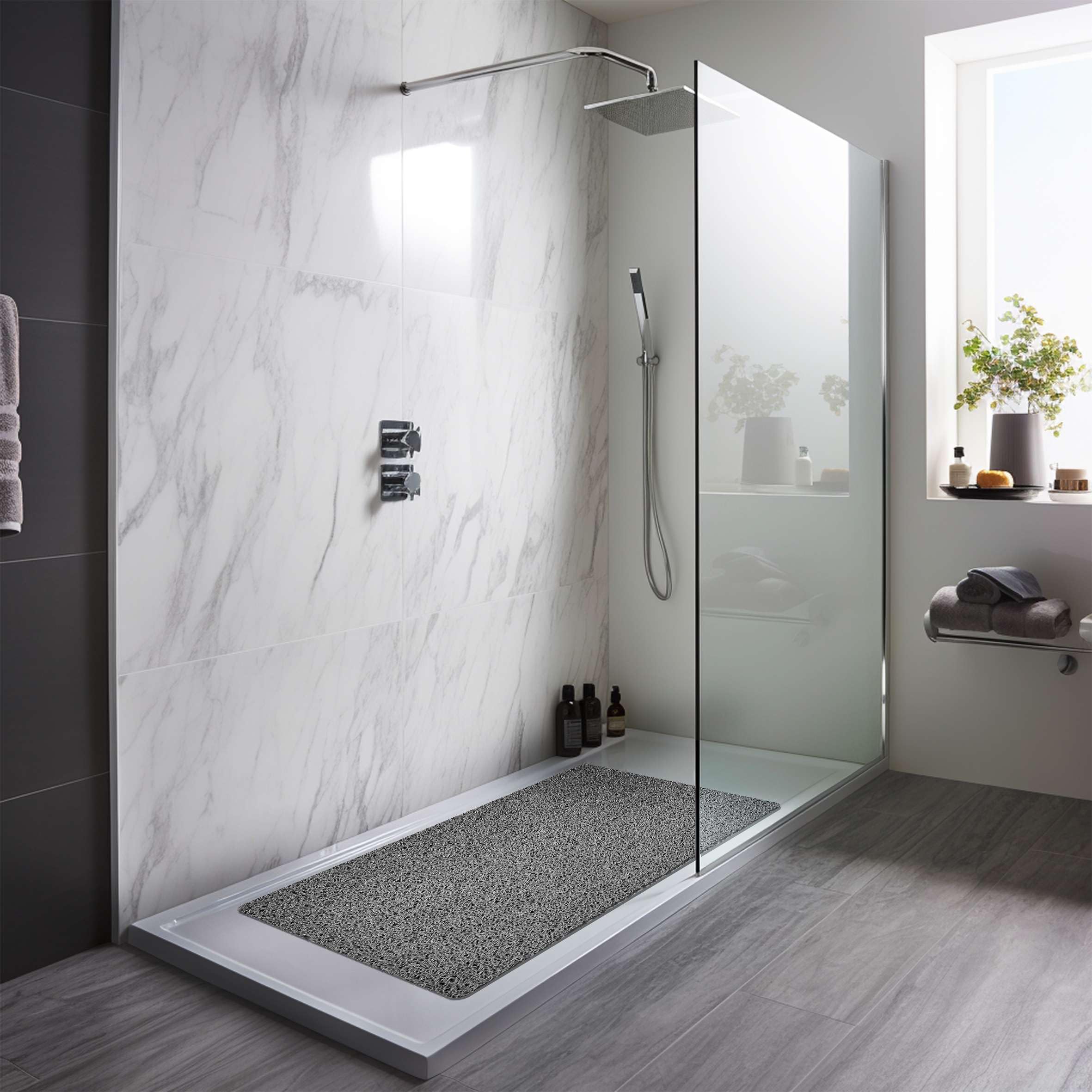 Nicoman Loofah Shower Mat, Non Slip PVC Spaghetti Mat for Wet Area Inside Shower, Super Comfy Soft Matt, Quick Dry, Bacteria & Mould Resistant, Curved Edge, Rectangular, Long, 100x40cm