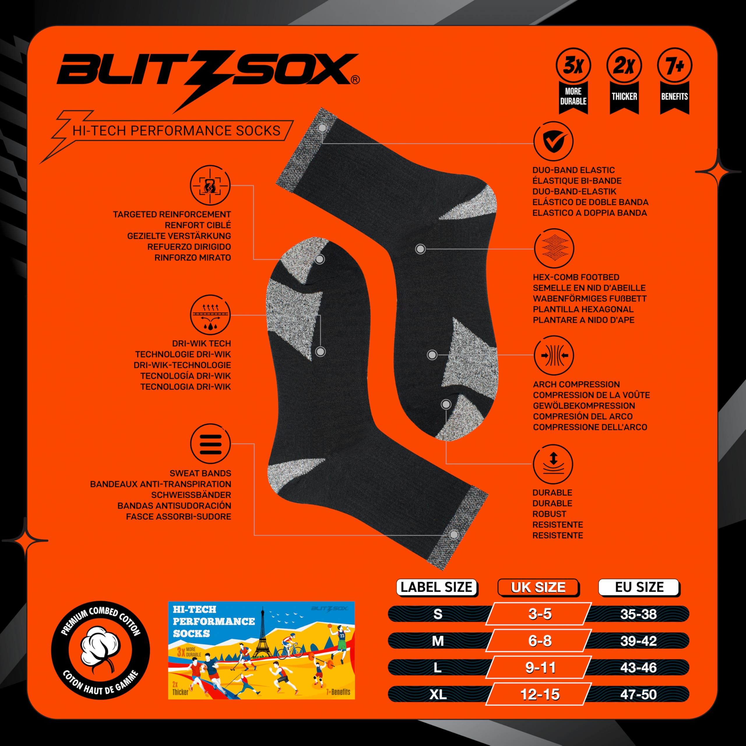BLITZSOX Calzini Sportivi Uomo da Corsa Imbottiti Traspiranti Cotone Calzini Corti, Confezione da 6