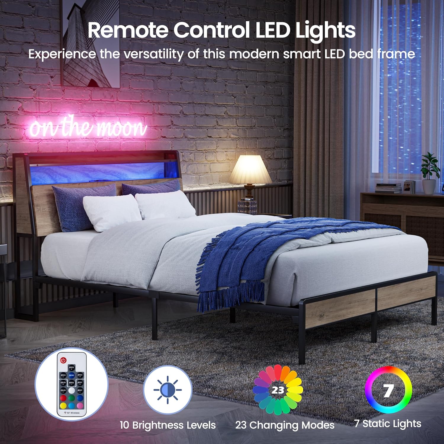 Queen Bed Frame with Ergonomic Headboard, Platform Metal Bed Frame with RGB Lights and Outlets & Charger, Storage Space Under Bed, Noise Free, Easy Assembly, No Box Springs Needed