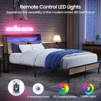 Queen Bed Frame with Ergonomic Headboard, Platform Metal Bed Frame with RGB Lights and Outlets & Charger, Storage Space Under Bed, Noise Free, No Box Springs Needed