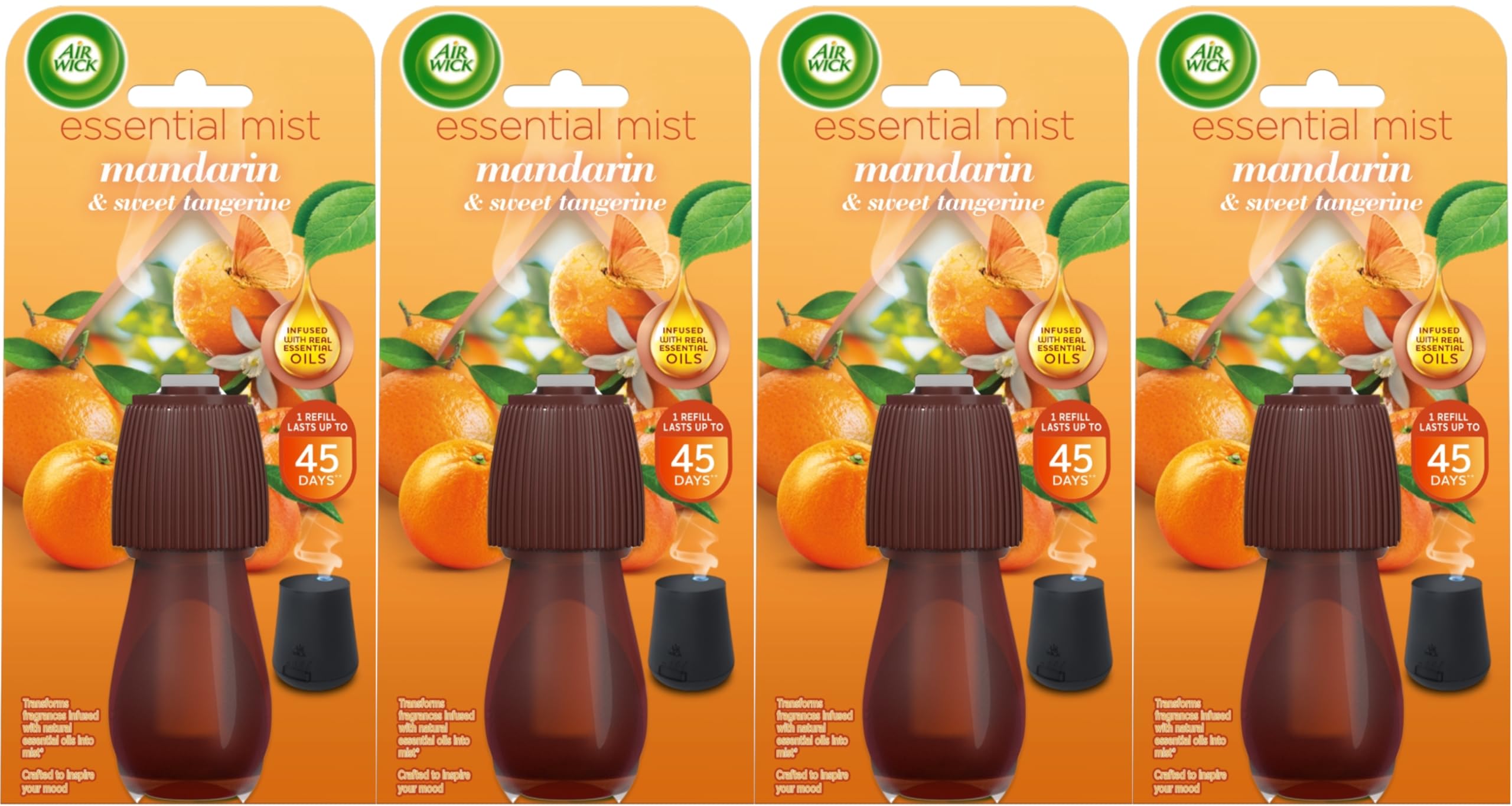 Air Wick Essential Mist Refills, Mandarin & Sweet Orange, Pack 4 x 20ml, Natural Essential Oils, Last up to 180 days, Air freshener