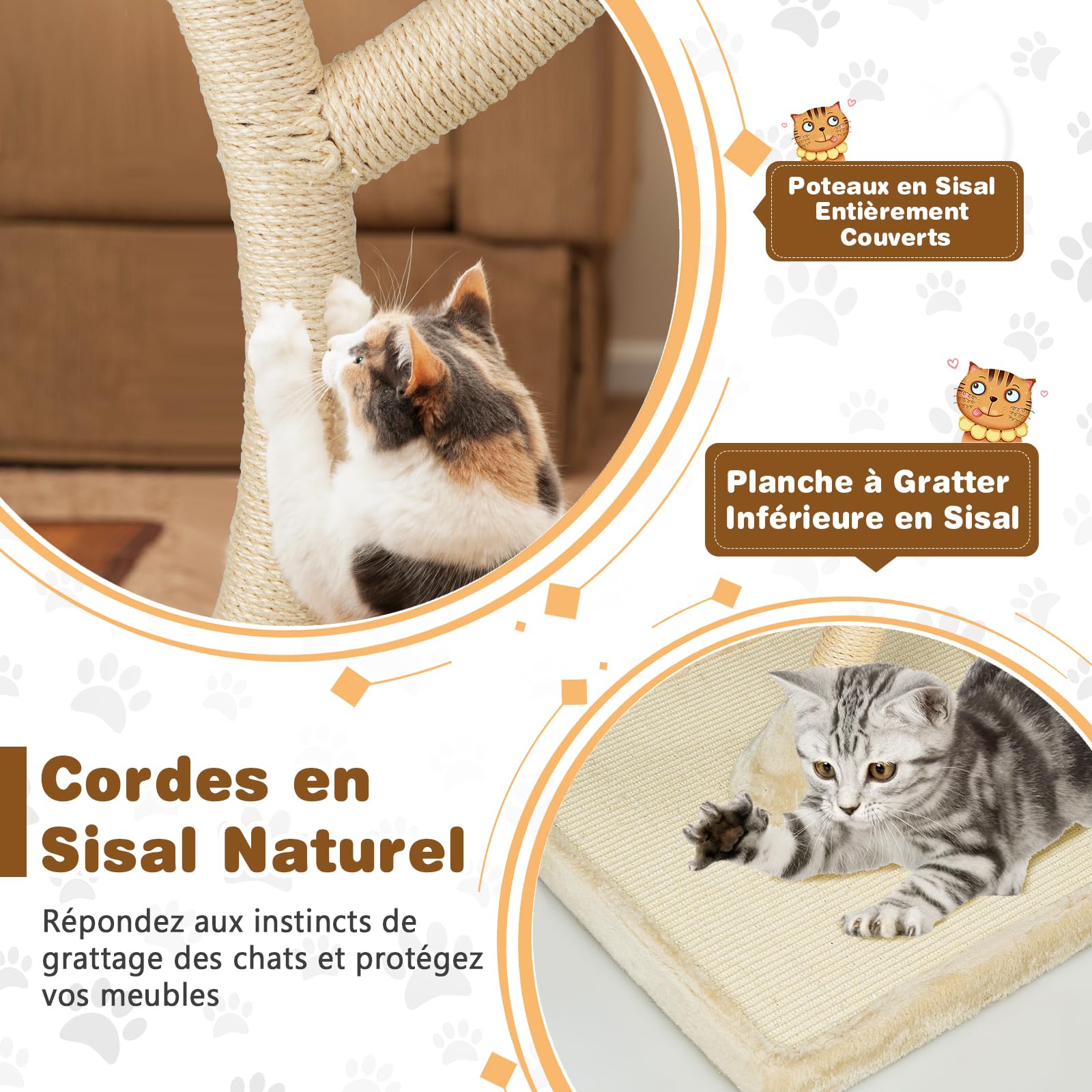 GOPLUS Arbre a Chat Moderne Hauteur 178 CM, Design Incurvé, Arbre à Chat avec Griffoirs et Planche en Sisal, 3 Perchoirs Chauds à 3 Niveaux, 3 Balles, Cadre en Métal, Idéal pour d'Intérieur (Beige)