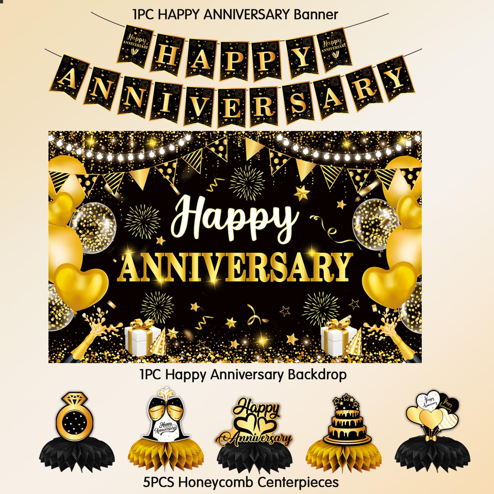 Happy Anniversary Decorations, Black and Gold Wedding Happy Anniversary Party Supplies - Happy Anniversary Banner,Backdrop 5.9 x 3.6Ft with 5pcs Honeycomb Centerpiece Decor