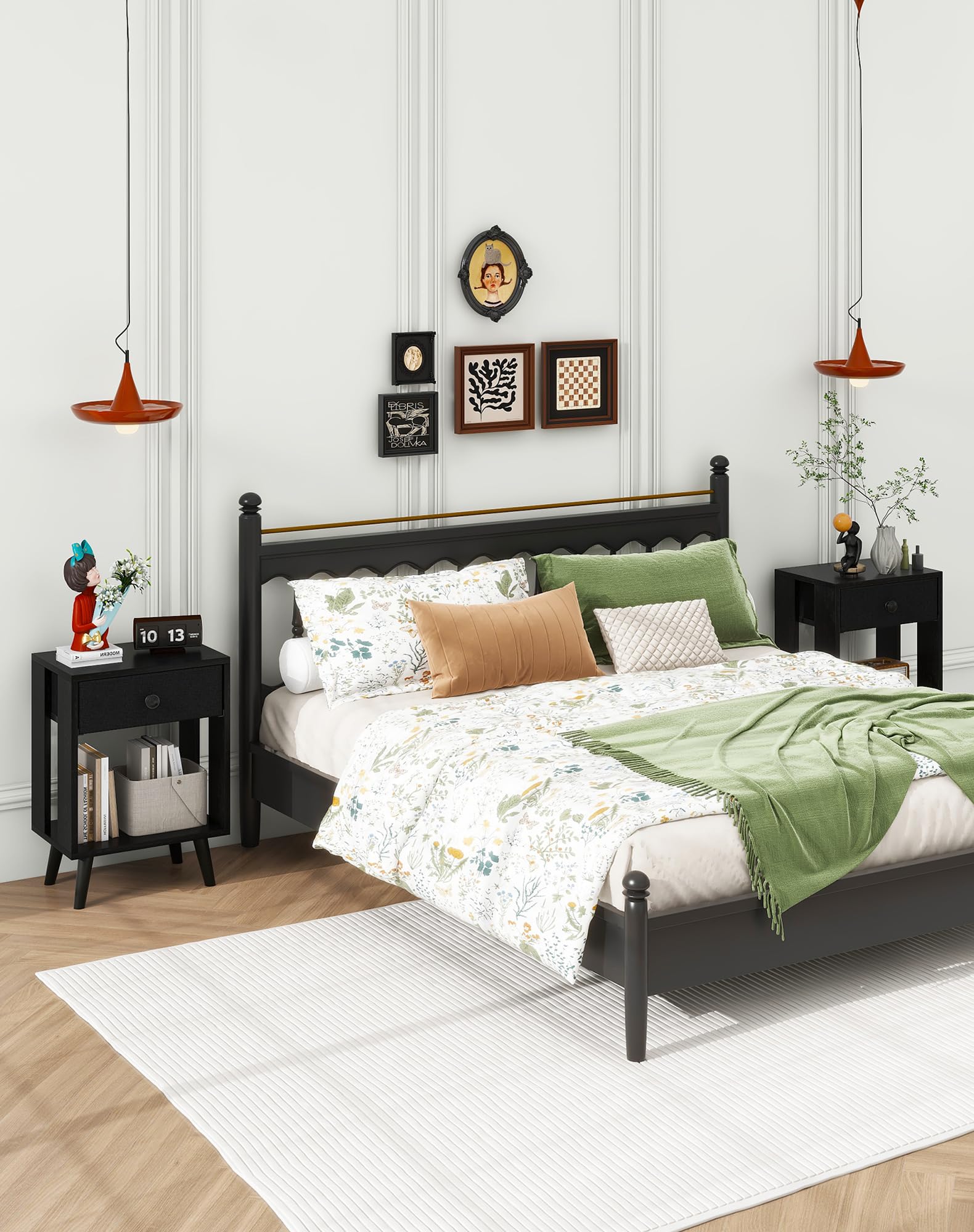 YMYNY Table de Chevet, Lot de 2, Table d'Appoint, Commode de Chevet, Tiroir en Tissu, Étagère Ouverte, Pieds Massifs en Bois, Moderne, Structure Simple, pour Chambre, Salon, Noir HST012B-2