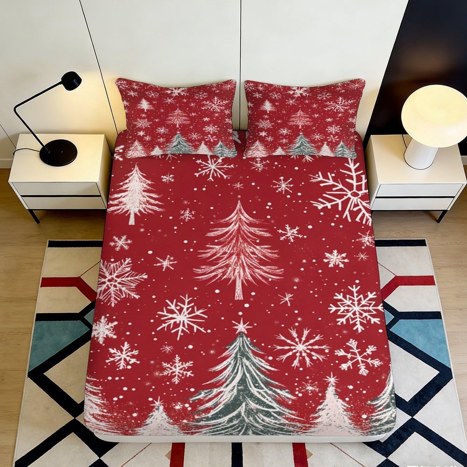 3D Printed Christmas Tree Fitted Sheet Microfiber Red Snowflake Bed Cover for Bedroom Guest Room Easy Care 90x200x25cm