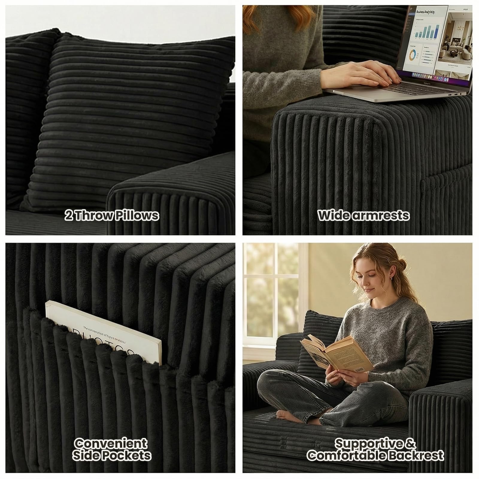 Boneless Loveseat Sofa Bed, Tri-Folding Convertible Futon Sleeper with Handle & Side Pockets, 54'' Boneless Couch with Hook and Loop No Assembly for Small Space,Living Room & Bedroom