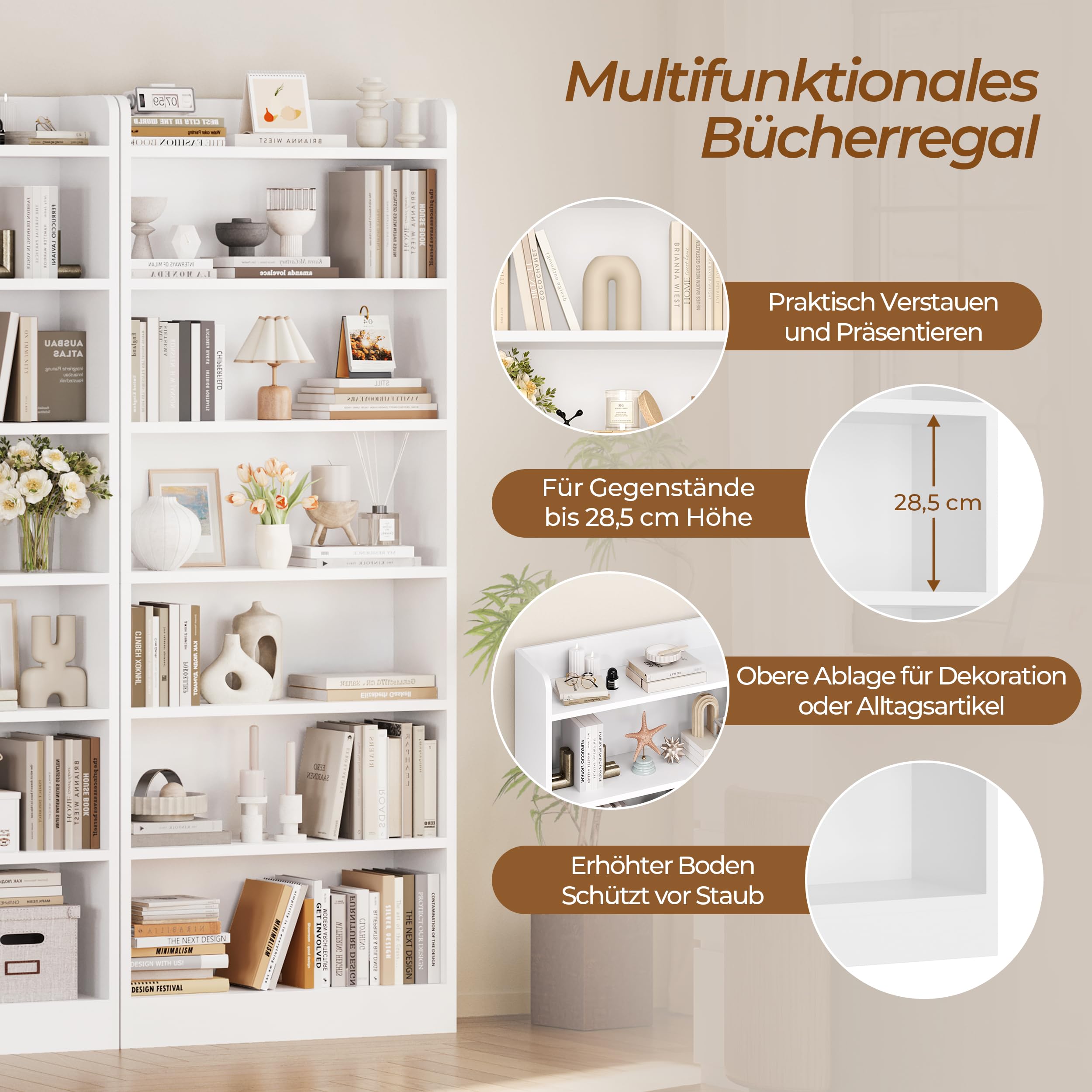 Yaheetech Bücherregal, 7 Fächern Bücherschrank mit Verstellbarer Regalboden, 180,5 cm H Standregal, offenes Aufbewahrungsregal für Wohnzimmer/Heimbüro/Arbeitszimmer, Weiß | Bücherschrank mit Verstellbarer Regalboden, offenes Aufbewahrungsregal für Wohnzim