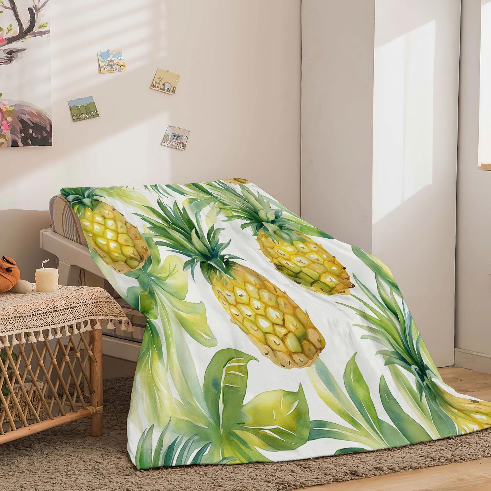 Manta de Forro Polar Amarillo Verde Suave y esponjosa, Manta cálida para Cama Piña Verde Acuarela Fresca y Dulce para Dormitorio Sala de Estar Oficina 180 x 220 cm