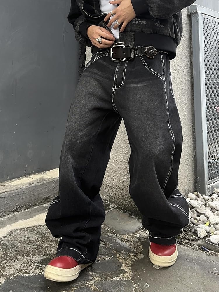 Amazon.com: DFGIGT Mens Irregular Sutures Baggy Jeans with Angled
