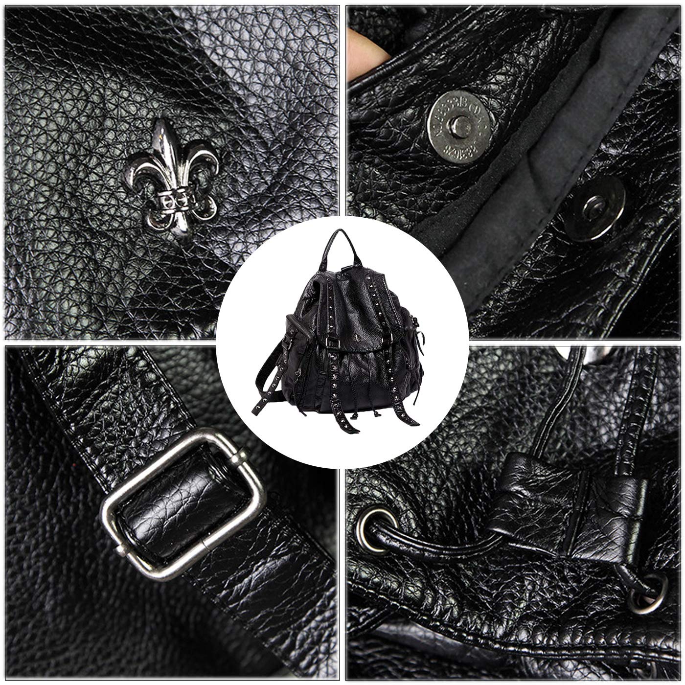 Punk Bolso Mochila Grande con Remache para Mujer Mochilas Tipo Casual para Adolescente Niña en Cuero de PU Negra