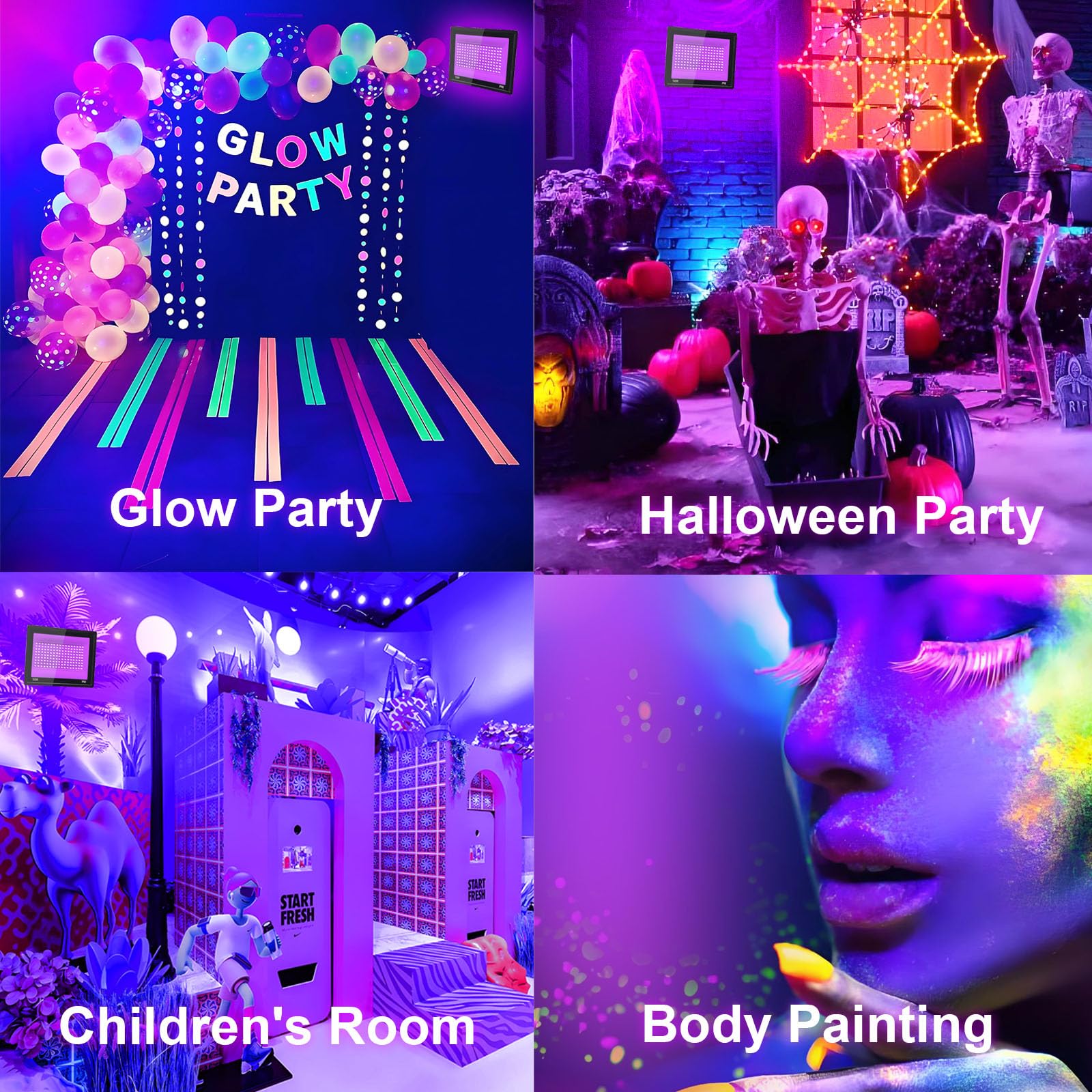 2 Piezas 300W LED Luz Negra, IP66 Impermeable Foco UV Ultravioleta, Luz Negra Ultravioleta Con Interruptor para Halloween, Pintura Corporal, Neón, DJ, Black light Party, Discoteca