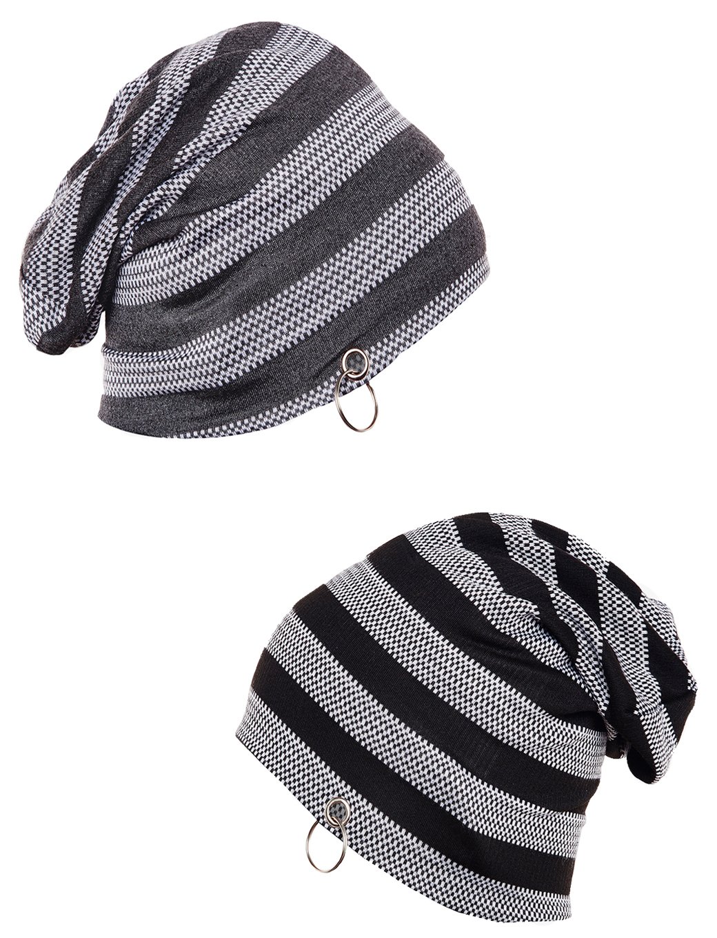 VIMAL JONNEY Striped Black and Grey with Ring Beanie Cap for Men(Pack of 2)-Ring_Cap_STR_BLK_Gry_02
