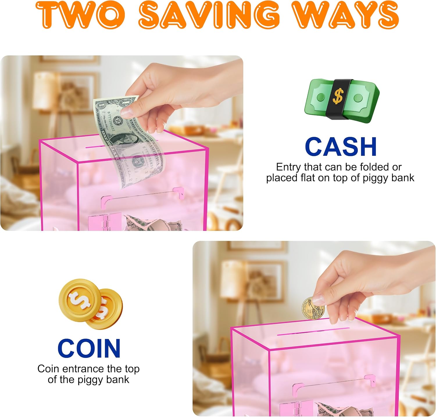 Large Acrylic Clear Piggy Bank, Money Saving Box for Cash Saving with Key, Openable Clear Acrylic Savings Jar for Adults Kid (Pink)