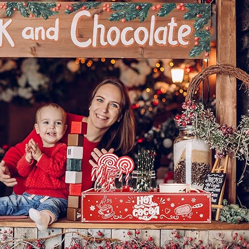 Miniatura 5 de QIKSION Caja de almacenamiento de madera de cacao caliente, barra de cacao caliente, decoración navideña de madera roja, bonito y divertido