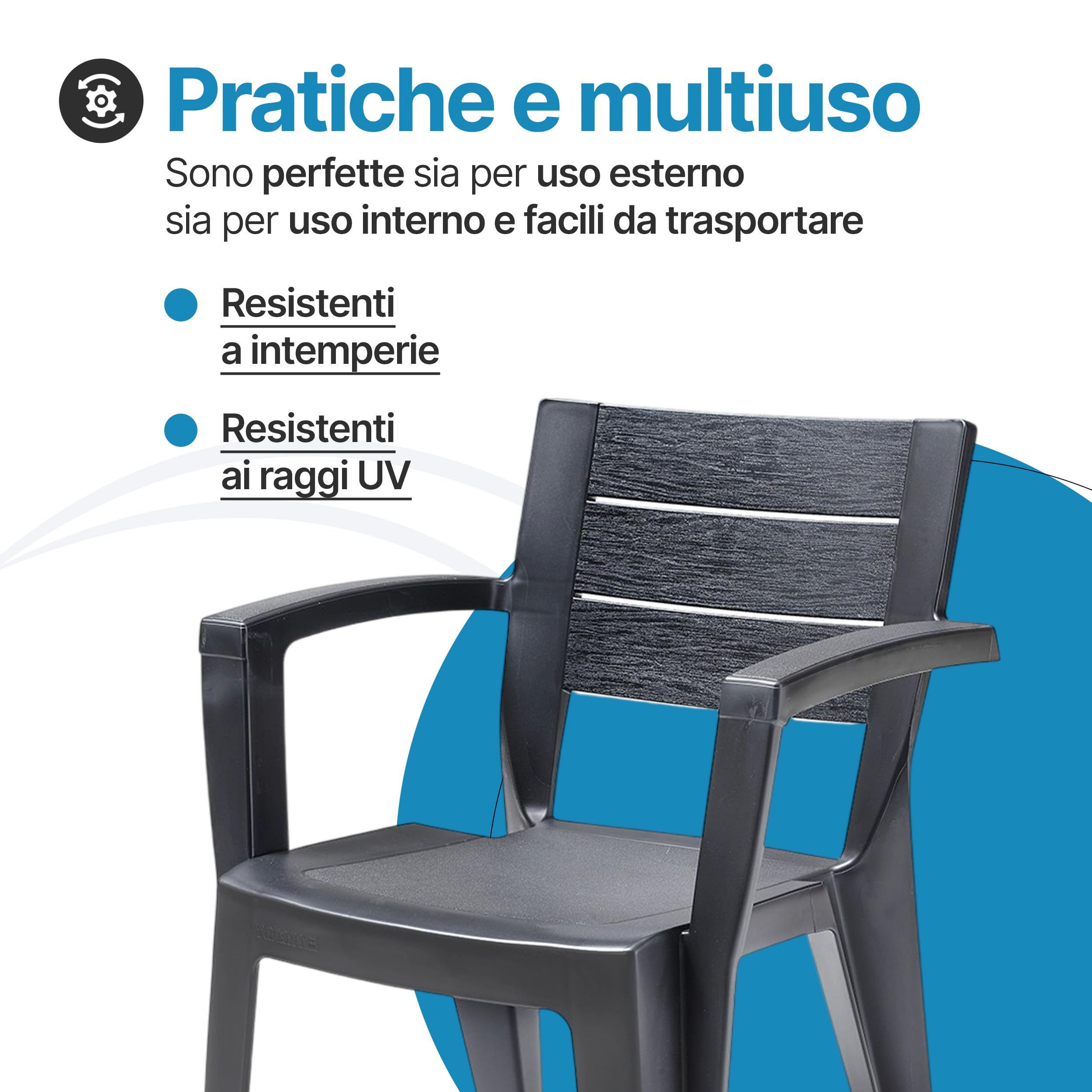 Tomaino - Set 6 Sedie Da Giardino In Plastica Maya - Sedie Plastica Impilabili Con Braccioli e Schienale a Doghe - Sedia Giardino Per Esterno, Terrazzo o Bar - Nero