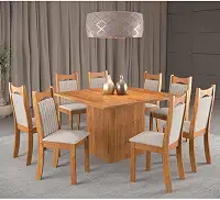 Conjunto de Jantar Mesa Quadrada Panama com 8 Cadeiras Dalas Mel/Marfim
