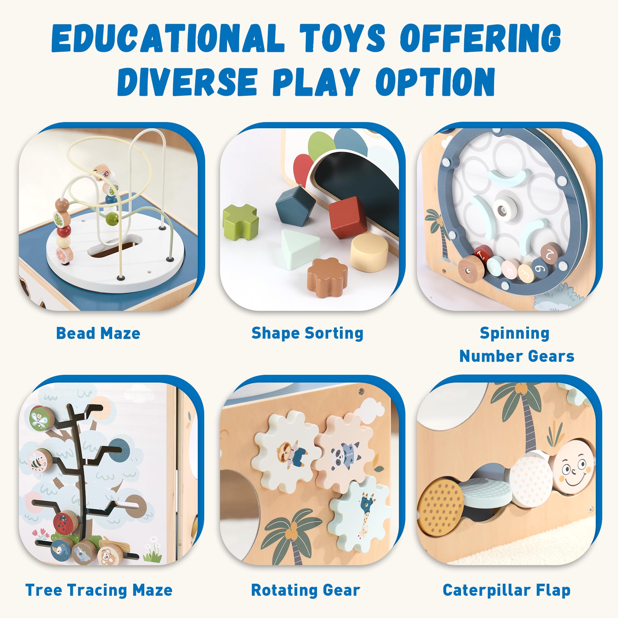FReniland Holz Montessori Aktivitätswürfel für Kleinkinder 1-3 7-in-1 Baby Activity Center mit Perlen-Labyrinth, Formsortierer, Zahlengetriebe & Entdeckungsspiegel, Feinmotorisches Lernspielzeug für
