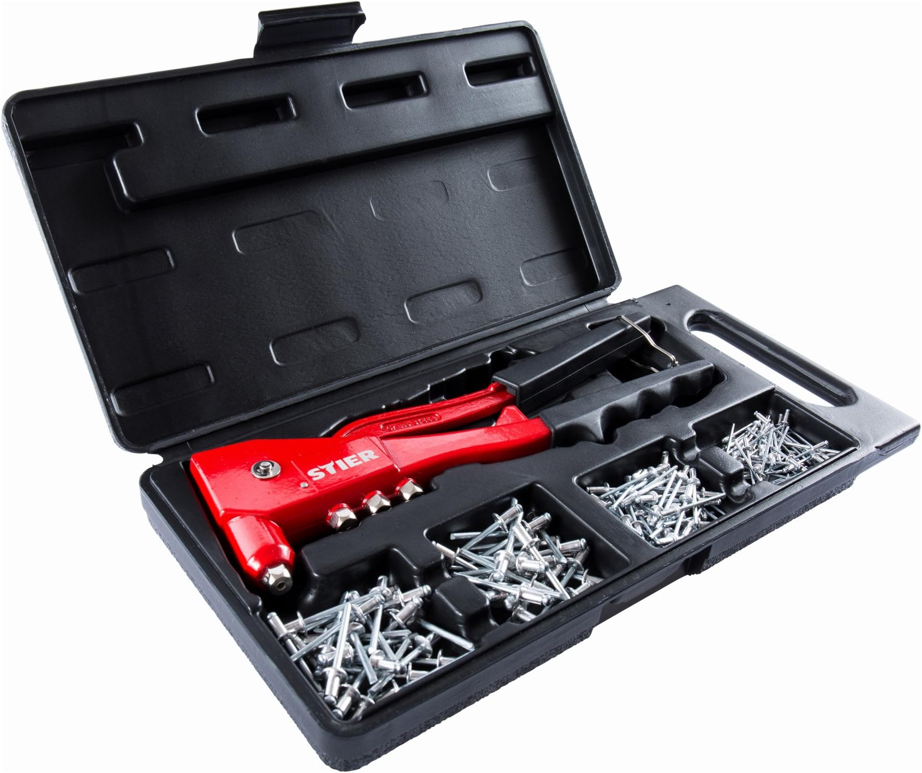 STIER Blind Rivet Set with Hand riveting Pliers and Blind Rivets, 201-piece Including 4 Interchangeable mouthpieces, Blind riveting Pliers, Blind Rivets, Rivets