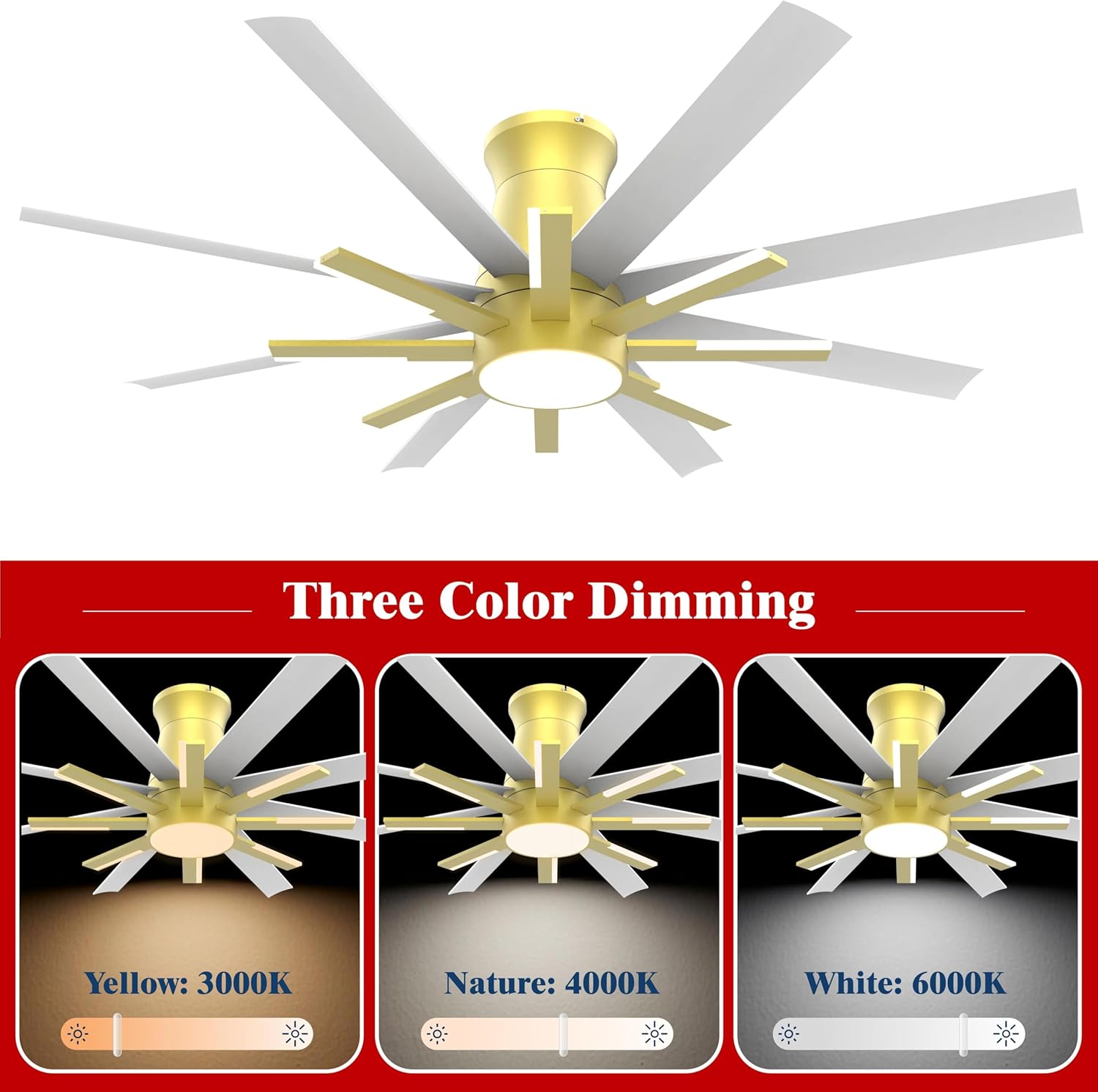 60 inch White Ceiling Fans with Lights and Remote, Flush Mount Ceiling Fan for Living Room Bedoom，6 Speed Reversible，8 Blades and 9 Lights，3 CCT，White Gold