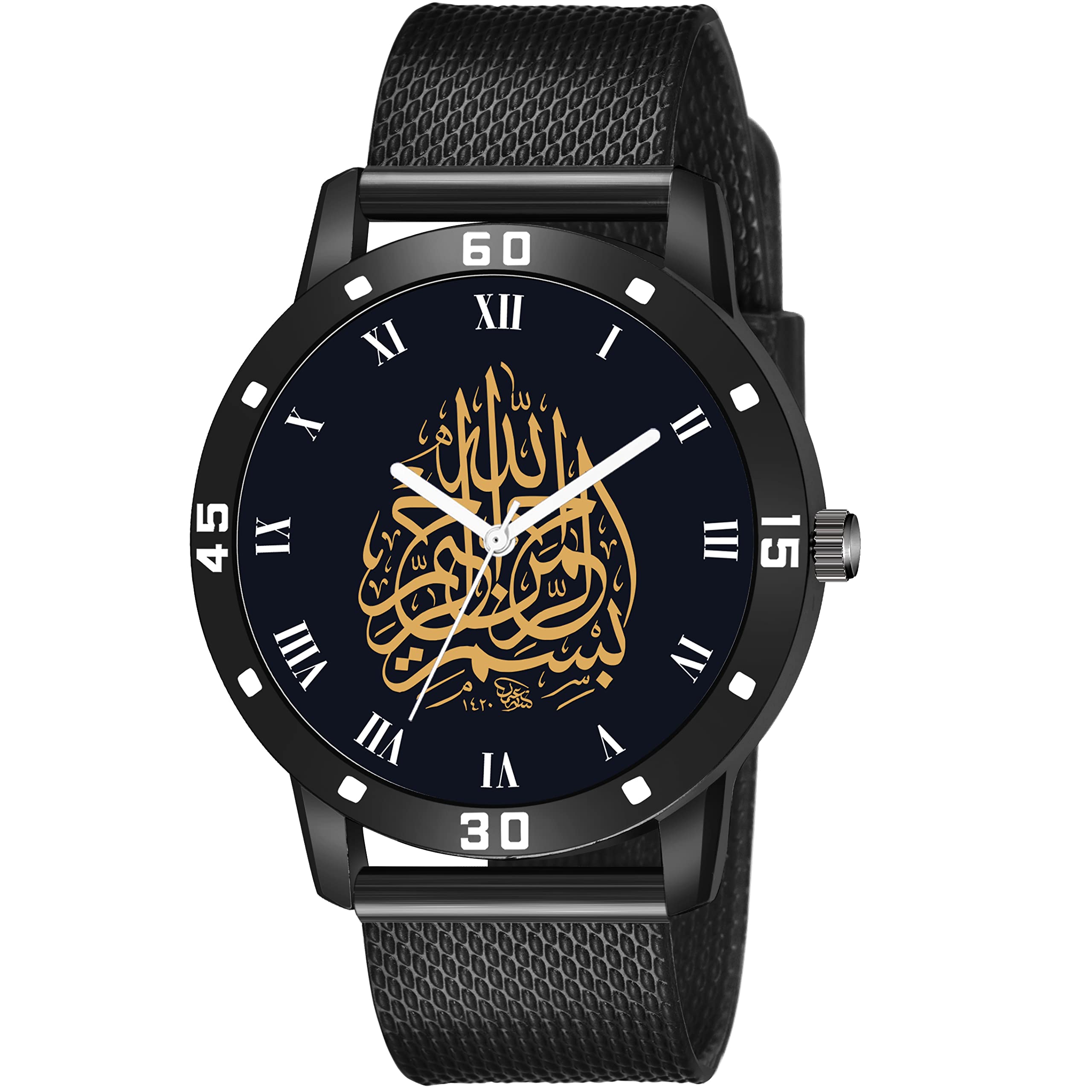 Talgo Analogue Islamic Bismillah Design Round Roman Dial Latest Fashion Attractive Black Leather Strap Stylish Wrist Watch for Men and Boys, Pack of 1 - RMNAVOBKSFR (B0B1962FHX) Amazon Price History, Amazon Price Tracker