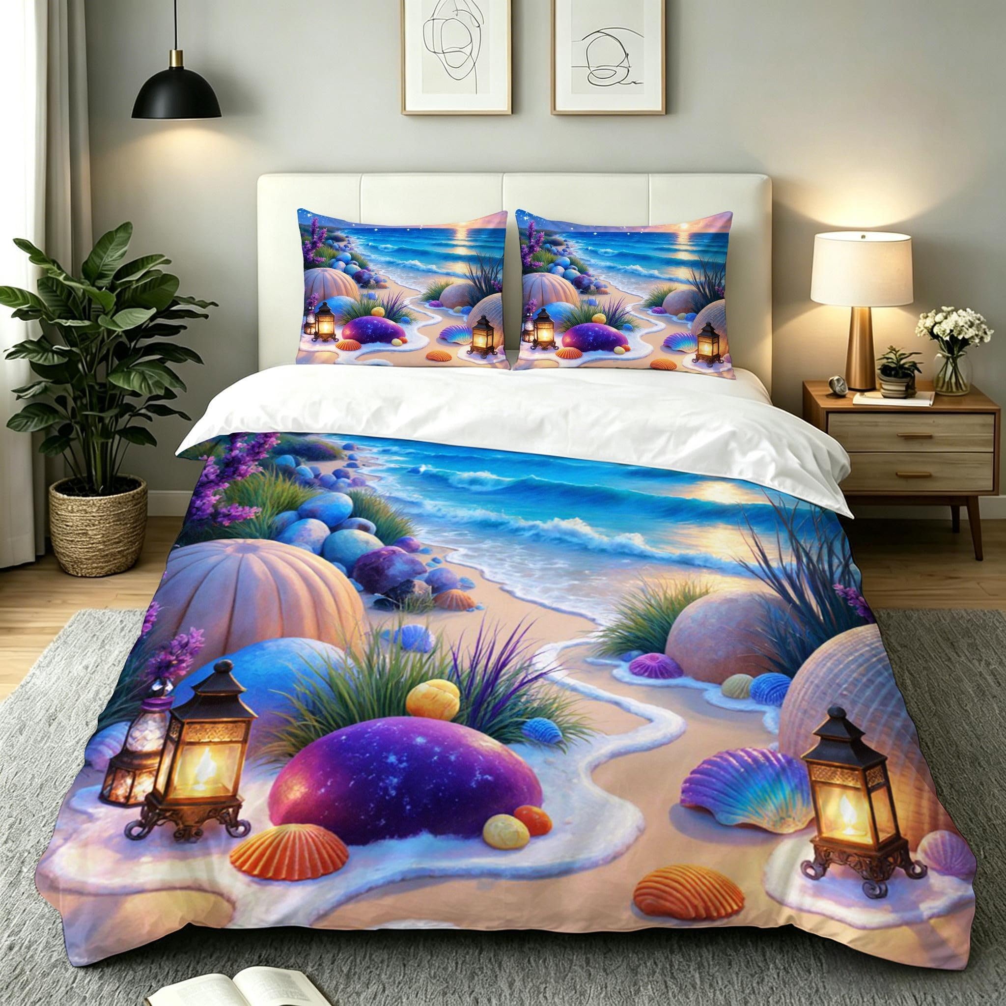 Housse de couette 140x200 plage bleue en microfibre douce avec 2 taies d'oreiller