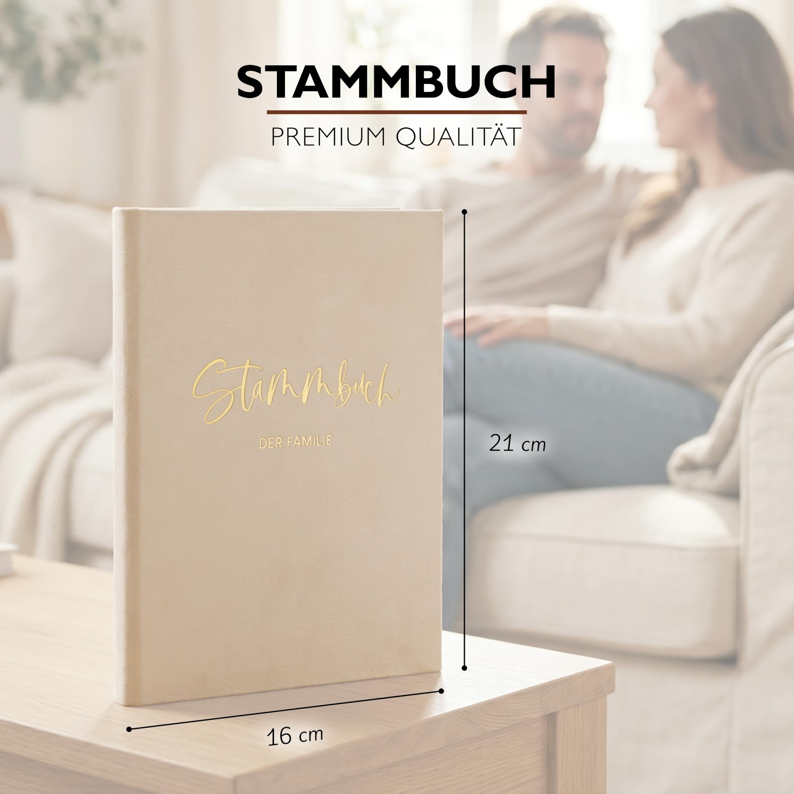 Stammbuch Hochzeit Beige-Grau Gold Samt Velour, handgefertigt inkl. vorgedruckten Innenseiten -Standesamt Familiestammbuch, 16x21 cm