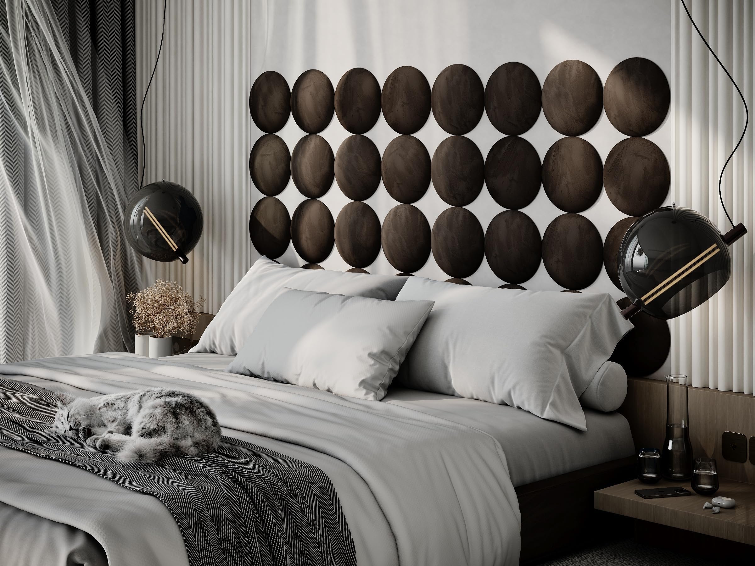 4 Pack — Upholstered Decorative Wall Panels Velvet Headboard Padding | Cushioned Planks | Padded Decor Collision Avoidance | Acoustic Soundproofing Treatment | (Brown, 4x Round (25x25cm))