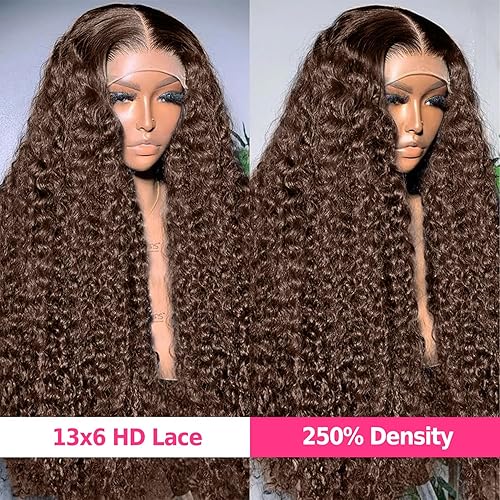 Miniatura 2 de CHEETAHBEAUTY Pelucas de cabello humano brasileño rizado profundo de grado 10A de 13 x 6 pulgadas, color marrón chocolate #4, con ondas profundas,