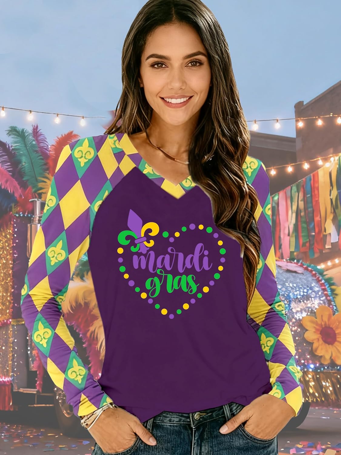 Mardi Gras Long Sleeve Shirt for Women Mardi Gras V Neck T-Shirts Fat Tuesday Tee Heart Tops - Image 4