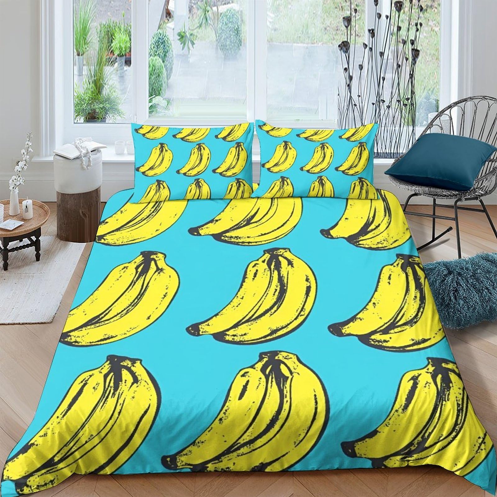 Ctjqhvkz Style-8 3D Printed Banana Pattern Fitted Sheet Microfiber Blue Cartoon Fruit Bed Cover For Bedroom Dorm Mattress Protection Decor Single（135X200cm）